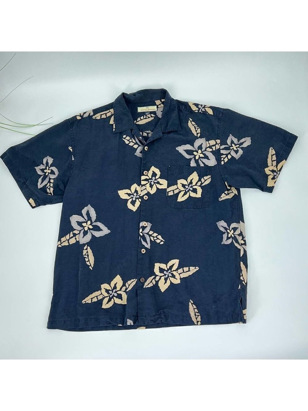 Vintage Tommy Bahama Silk Hawaiian Style Aloha Shirt Blue/Plumeria Mens Large